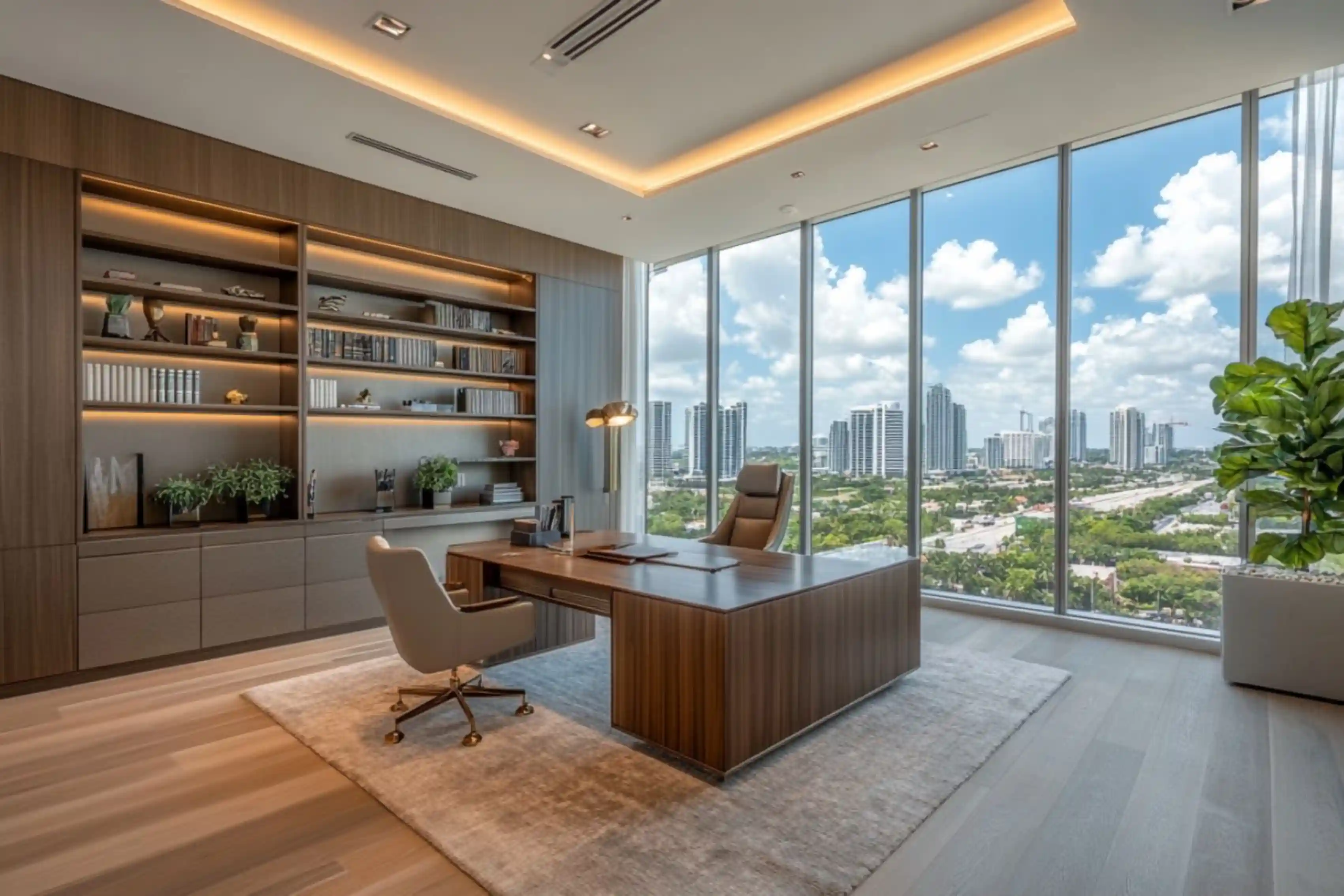 Ziggurat Corporate Project - Modern executive office with skyline view and bespoke wood cabinetry - AiSpaces.webp